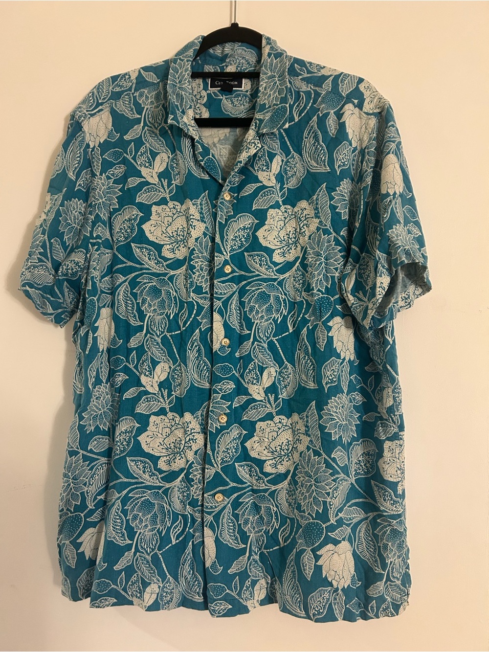 Club Room Teal Button-Up Shirt with White Leaf Motif